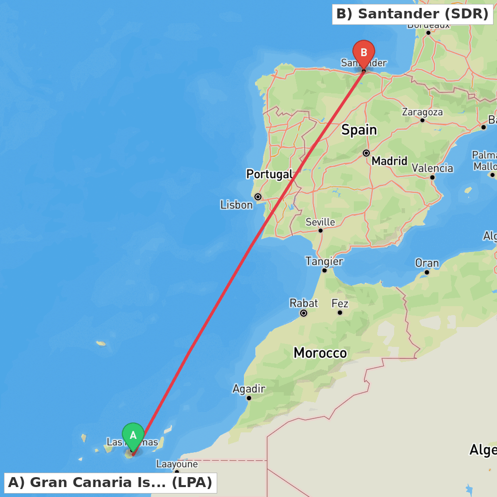 Flight route map from Gran Canaria Island to Santander