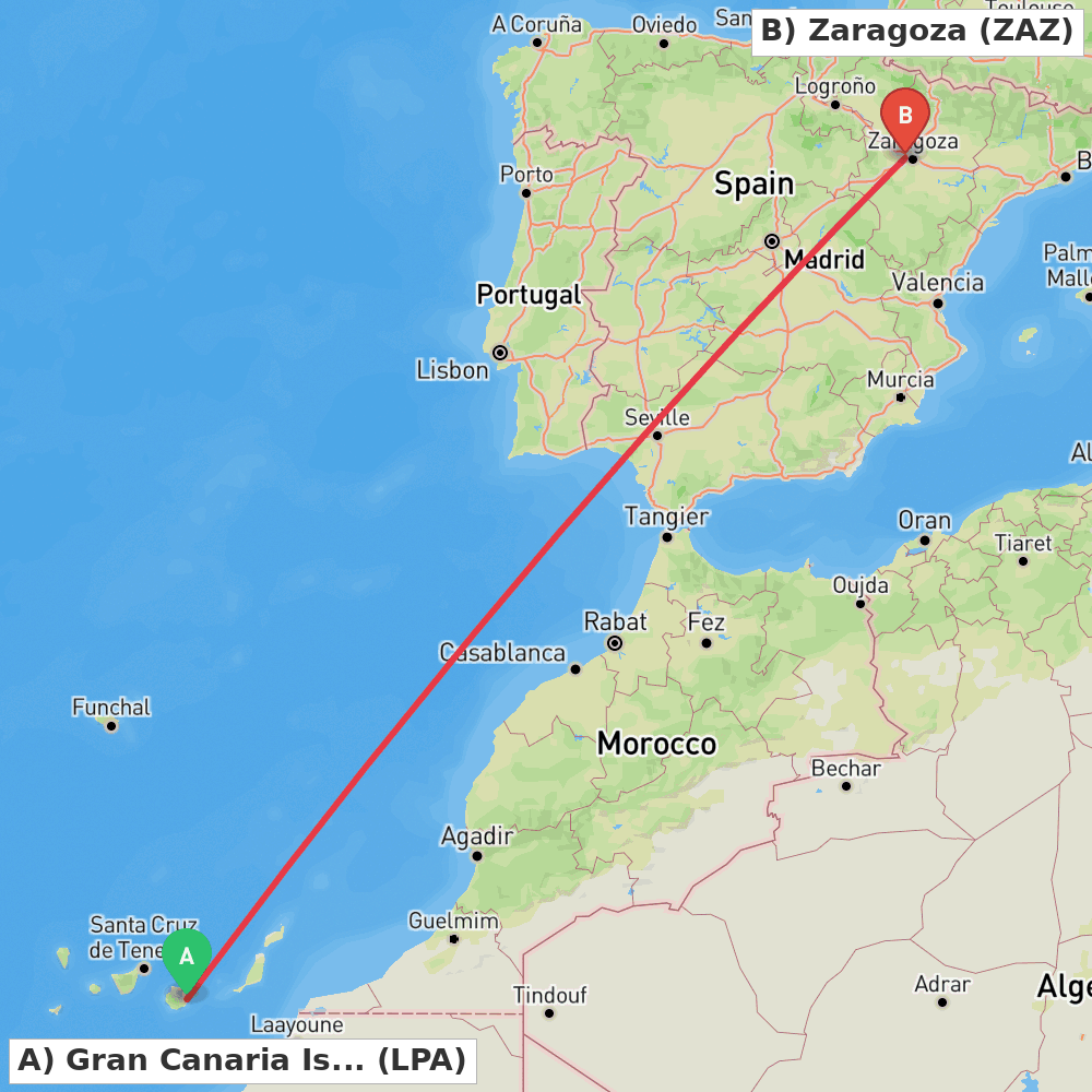 Flight route map from Gran Canaria Island to Zaragoza