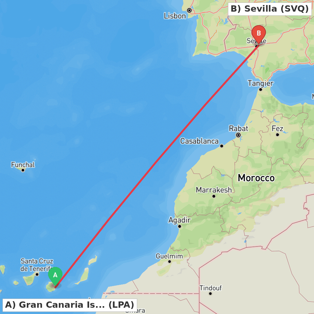 Flight route map from Gran Canaria Island to Sevilla