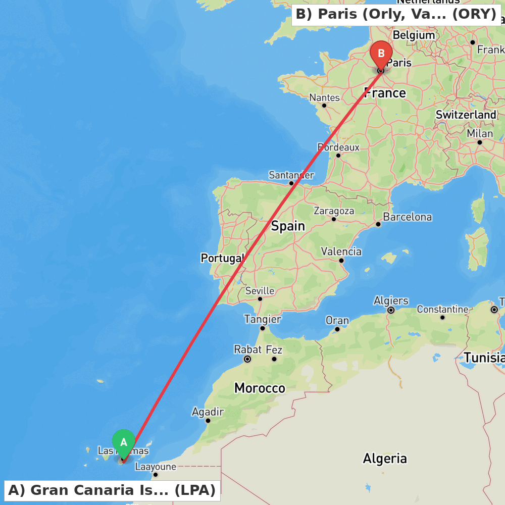 Flight route map from Gran Canaria Island to Paris (Orly, Val-de-Marne)