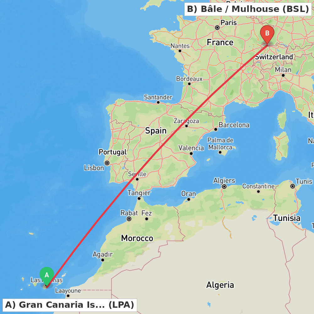 Flight route map from Gran Canaria Island to Bâle / Mulhouse