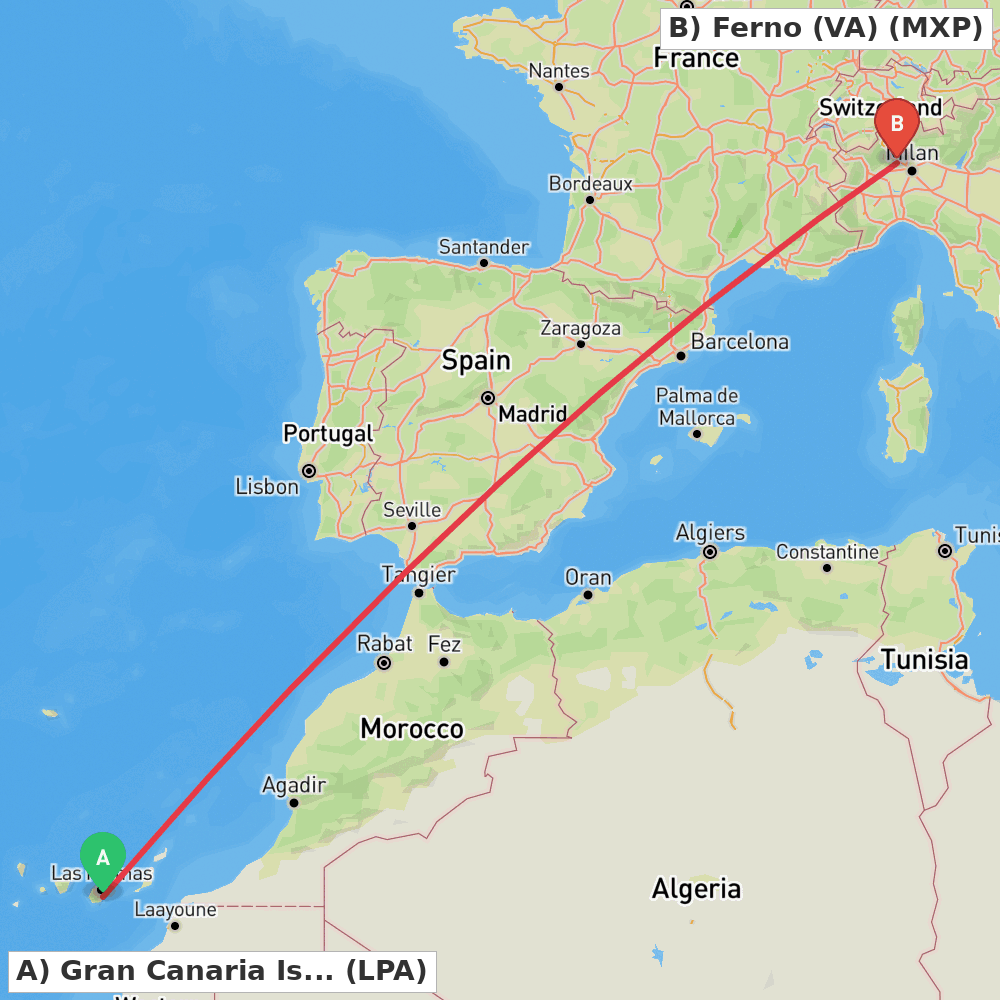Flight route map from Gran Canaria Island to Ferno (VA)