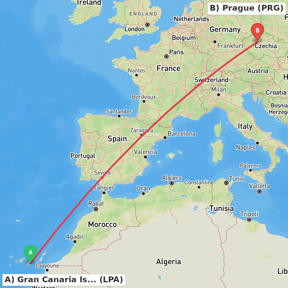 Flight route map from Gran Canaria Island to Prague