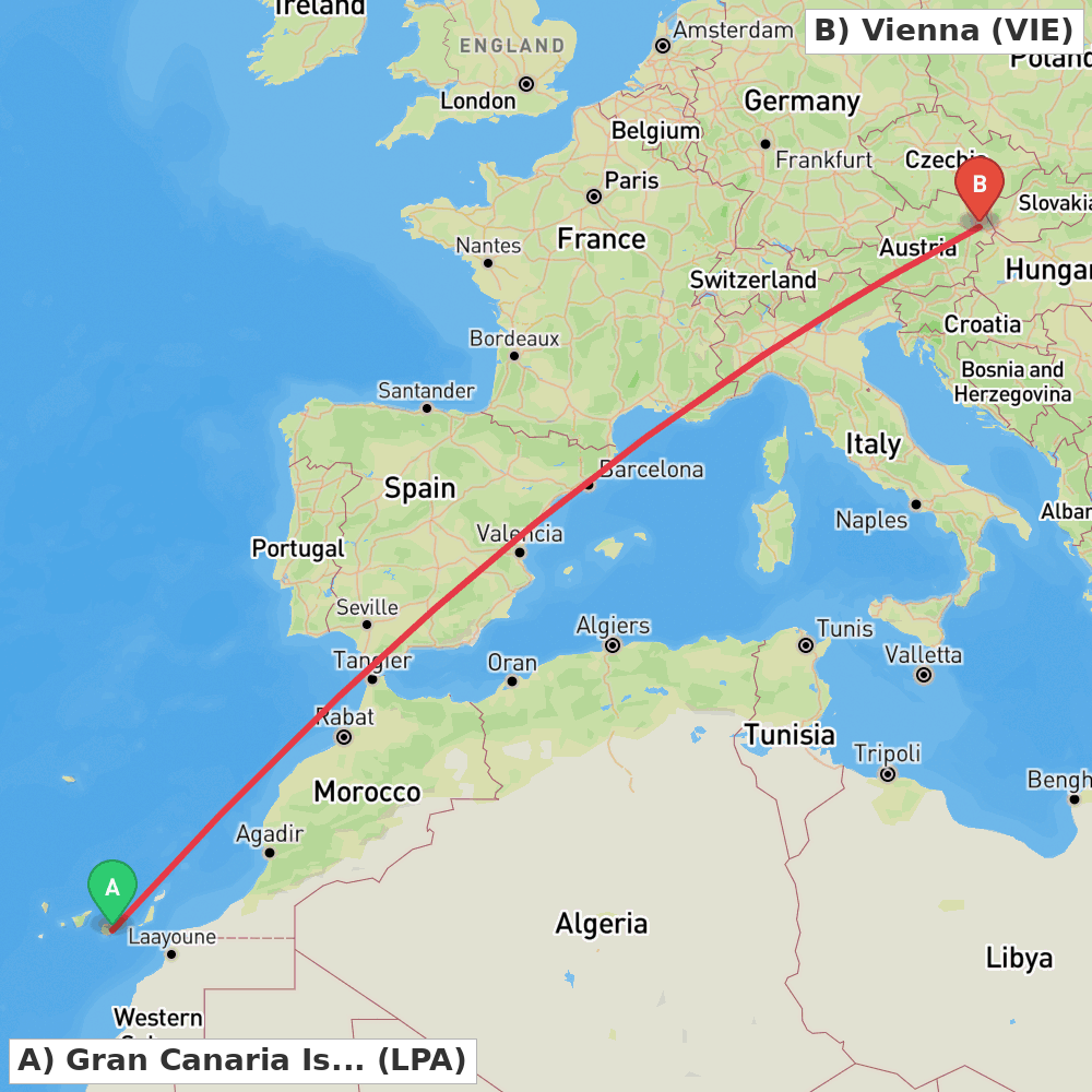 Flight route map from Gran Canaria Island to Vienna