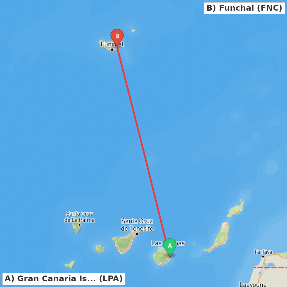 Flight route map from Gran Canaria Island to Funchal
