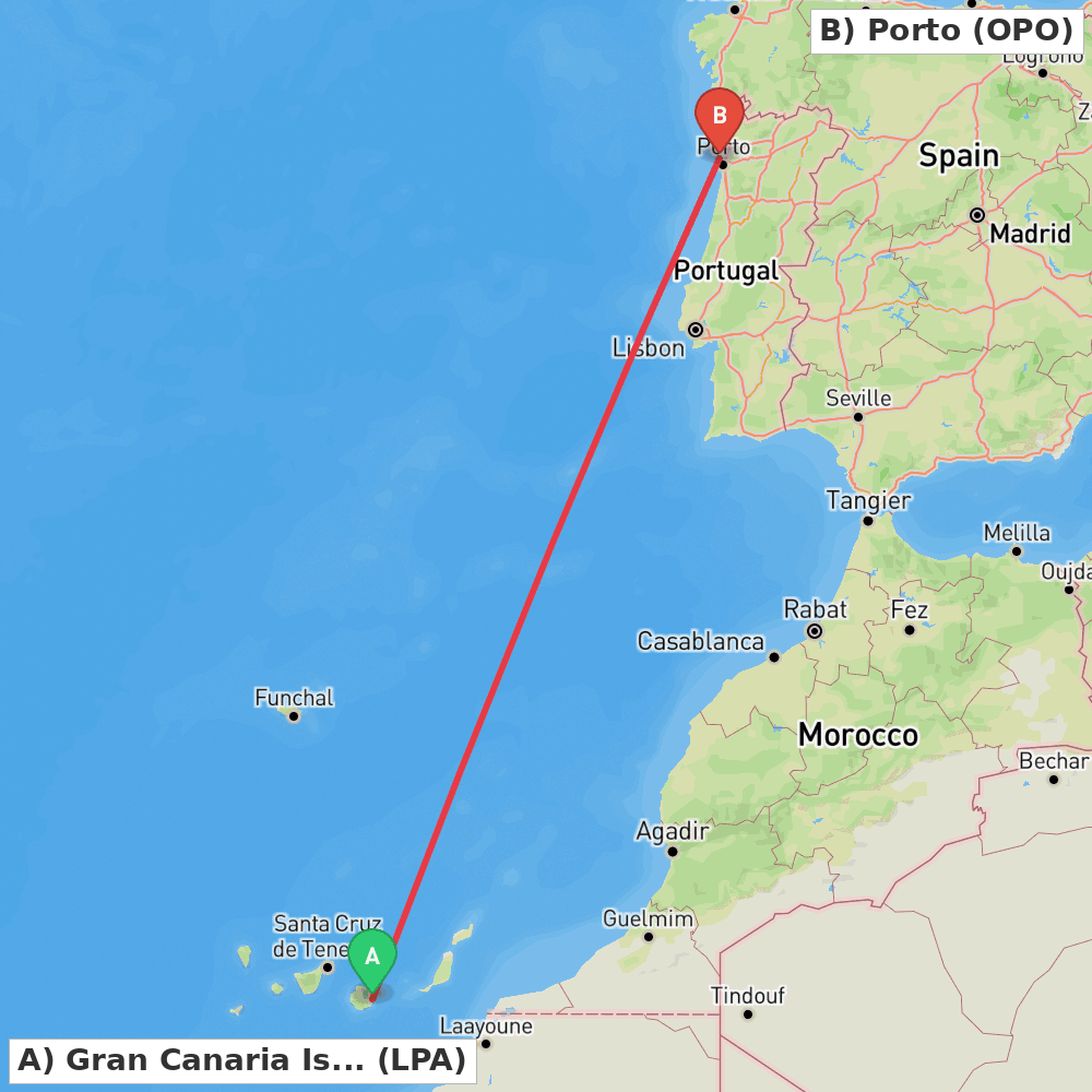 Flight route map from Gran Canaria Island to Porto