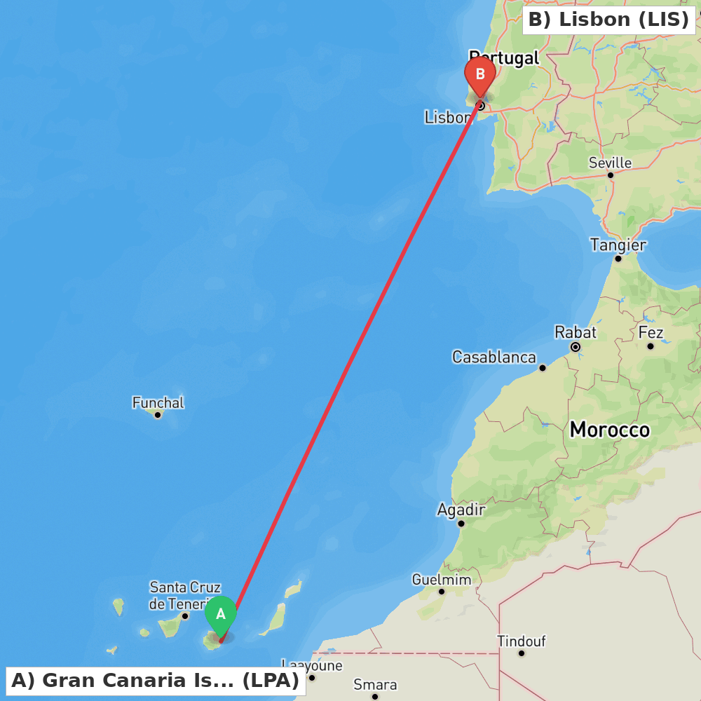 Flight route map from Gran Canaria Island to Lisbon