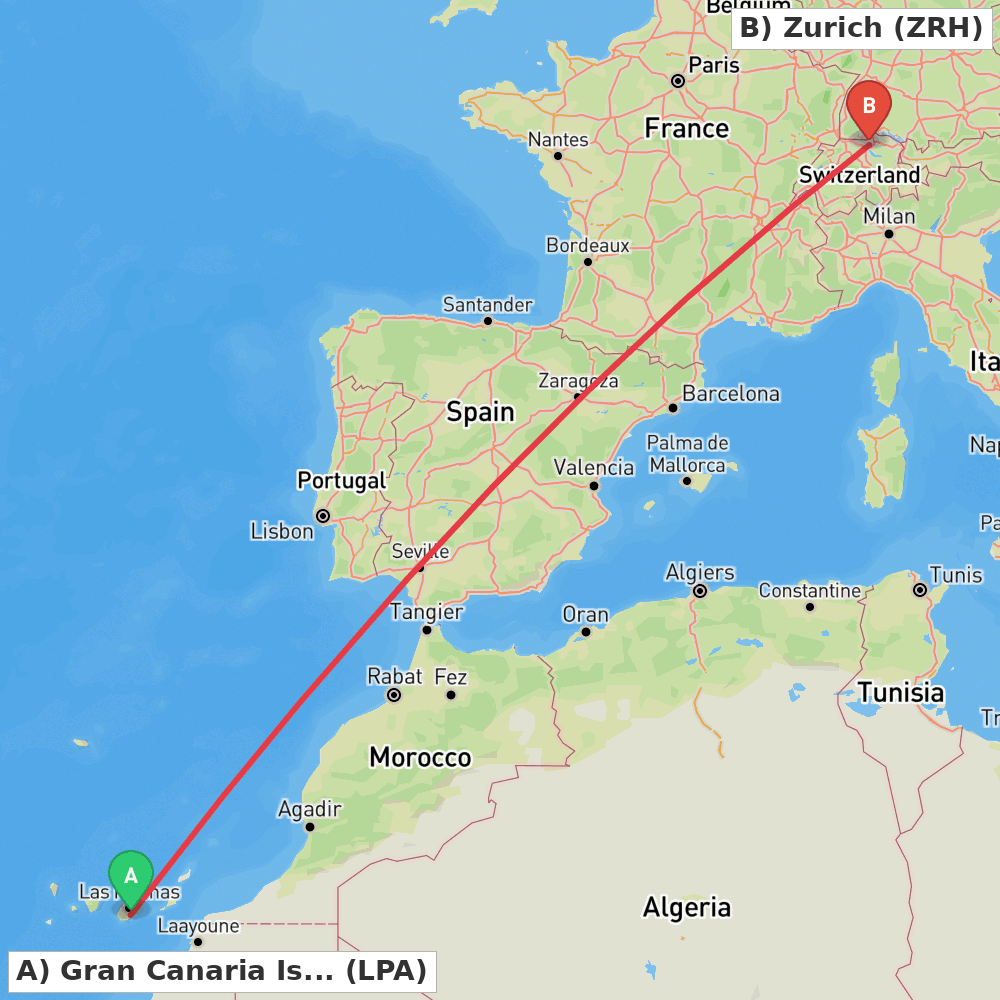 Flight route map from Gran Canaria Island to Zurich