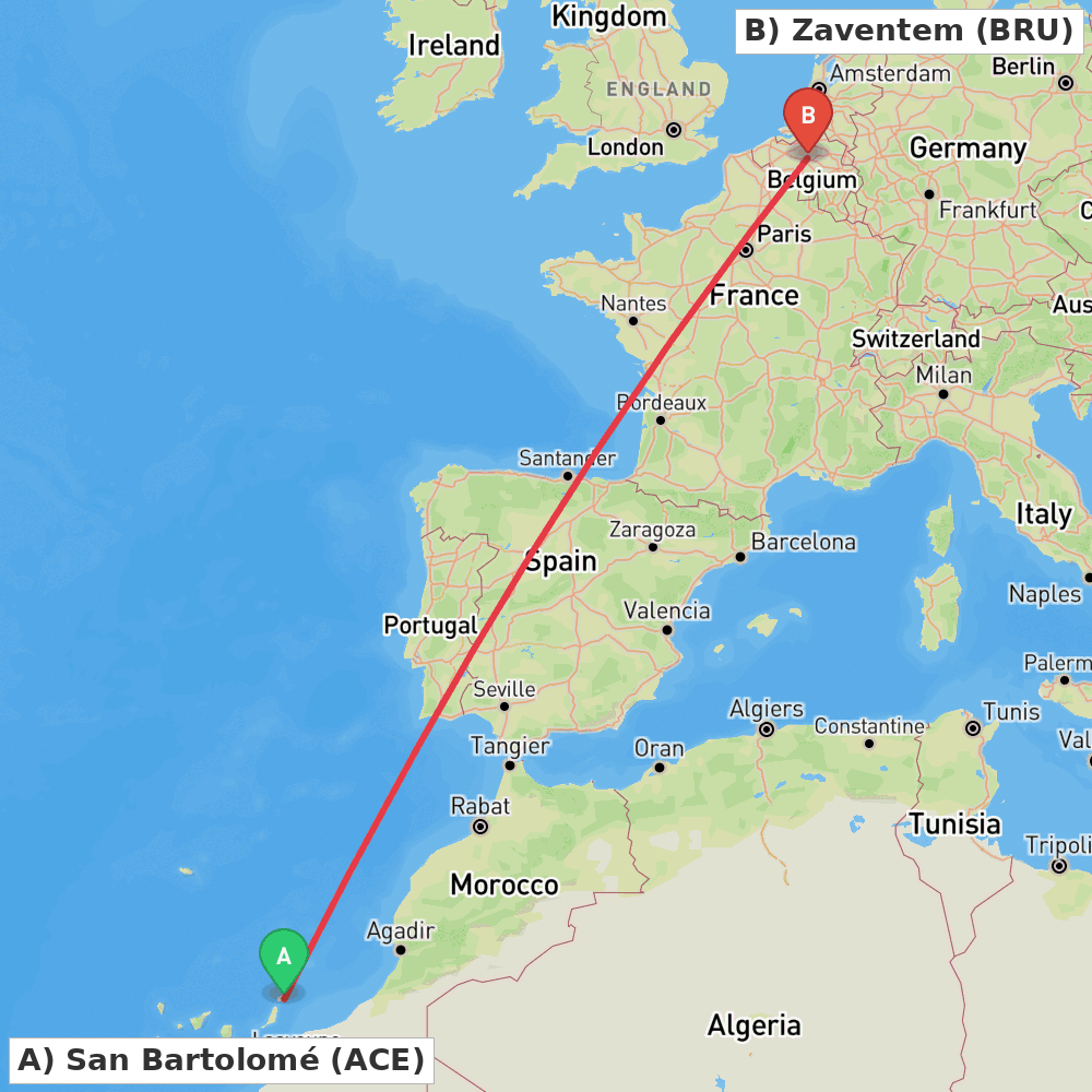Flight route map from San Bartolomé to Zaventem