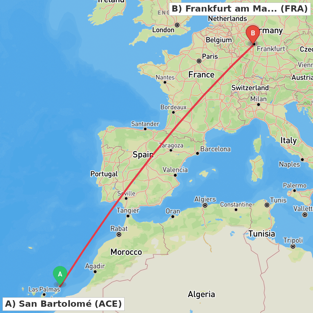 Flight route map from San Bartolomé to Frankfurt am Main
