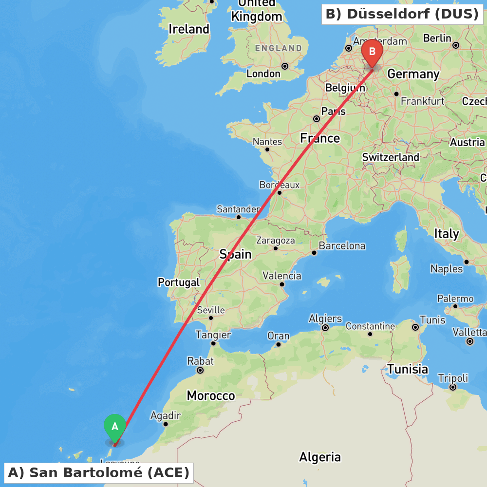 Flight route map from San Bartolomé to Düsseldorf