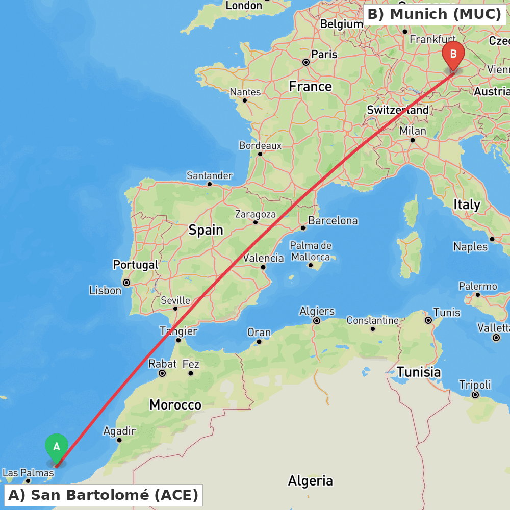 Flight route map from San Bartolomé to Munich