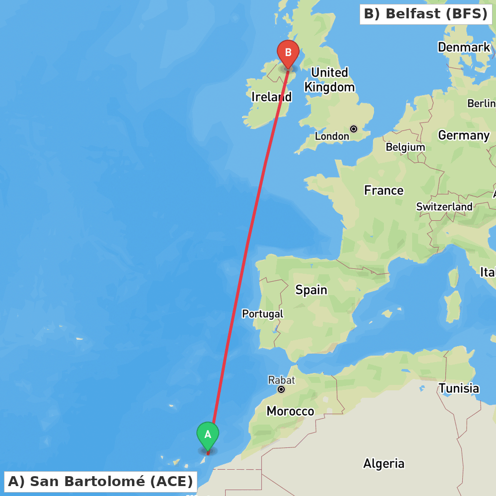 Flight route map from San Bartolomé to Belfast