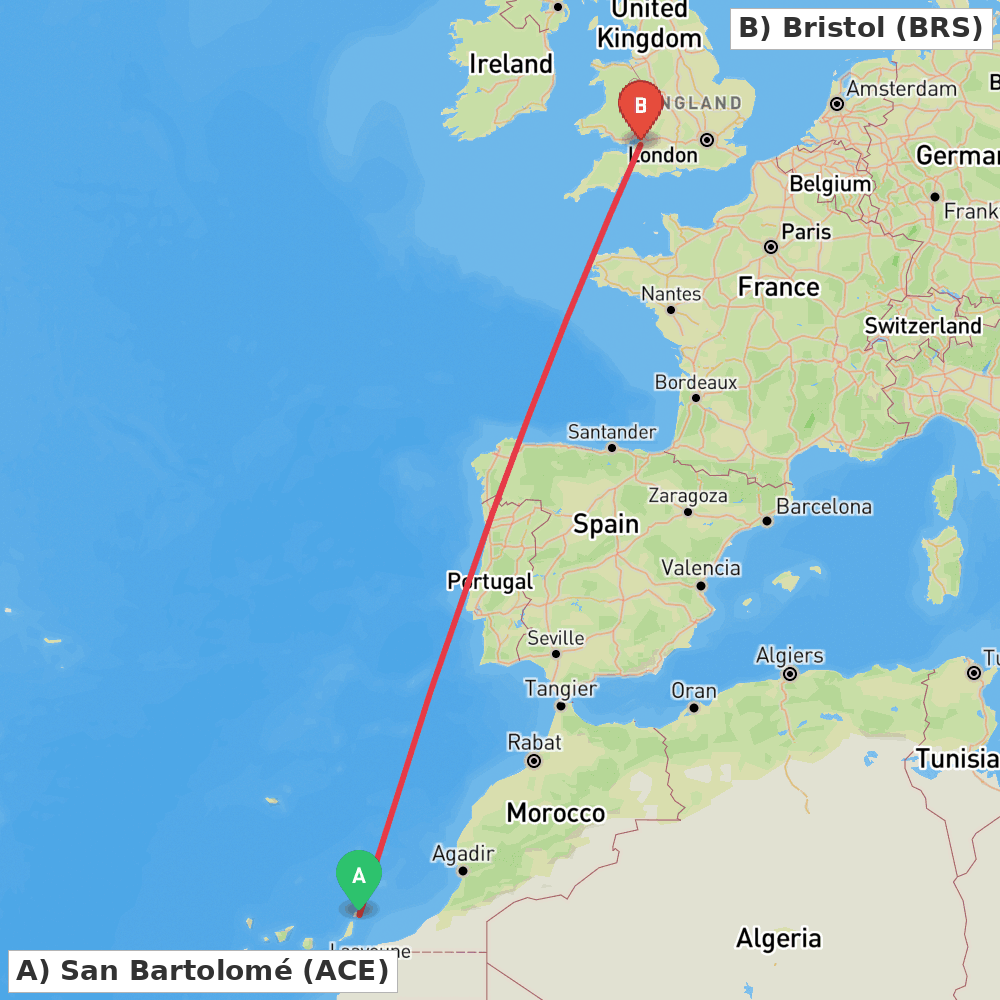 Flight route map from San Bartolomé to Bristol