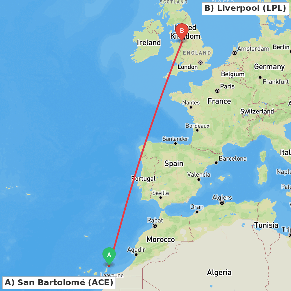 Flight route map from San Bartolomé to Liverpool