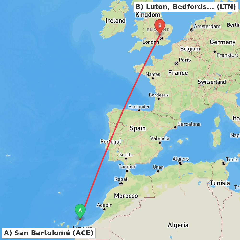 Flight route map from San Bartolomé to Luton, Bedfordshire