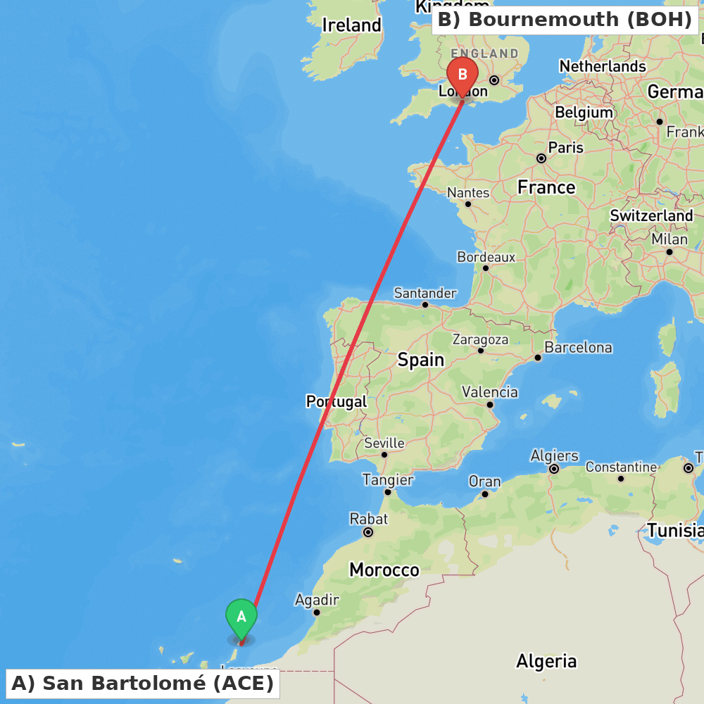 Flight route map from San Bartolomé to Bournemouth