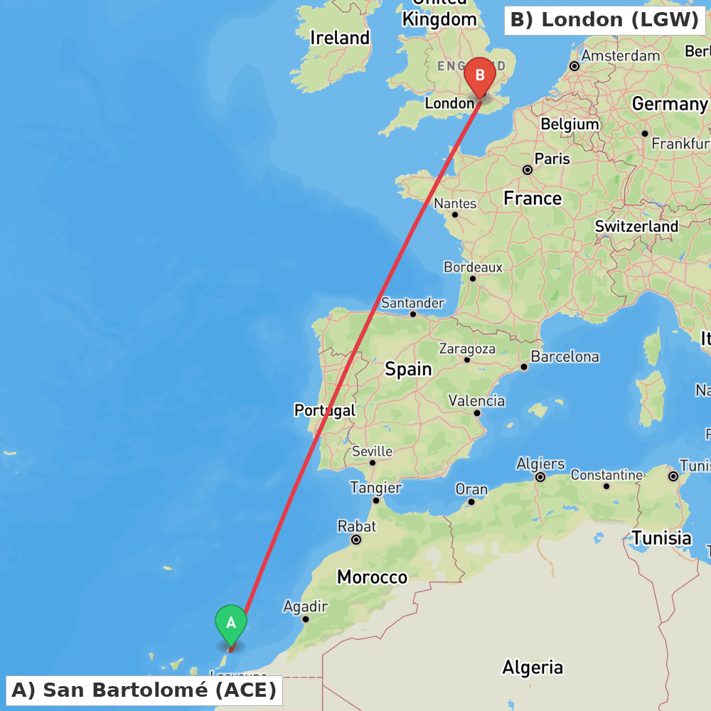 Flight route map from San Bartolomé to London