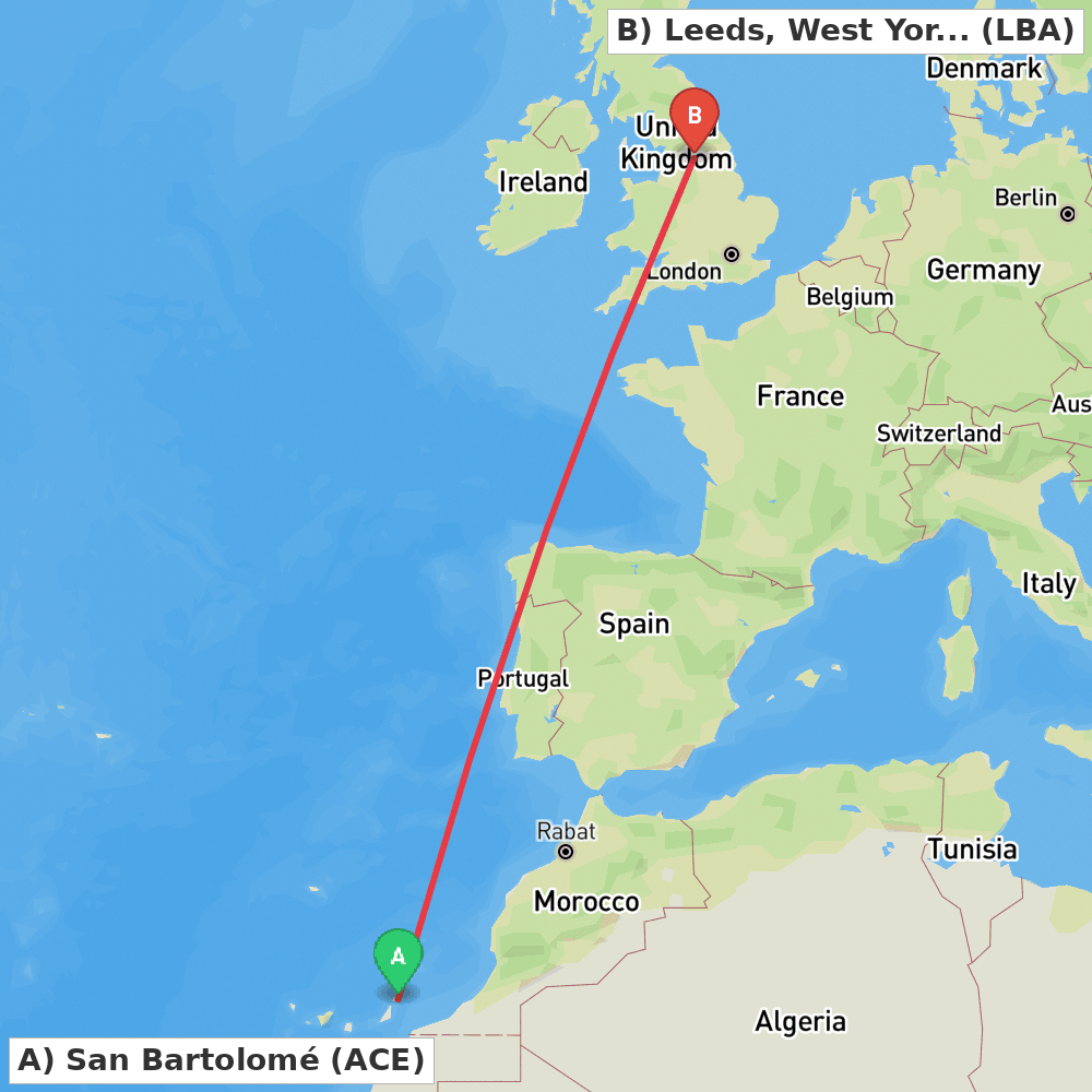 Flight route map from San Bartolomé to Leeds, West Yorkshire