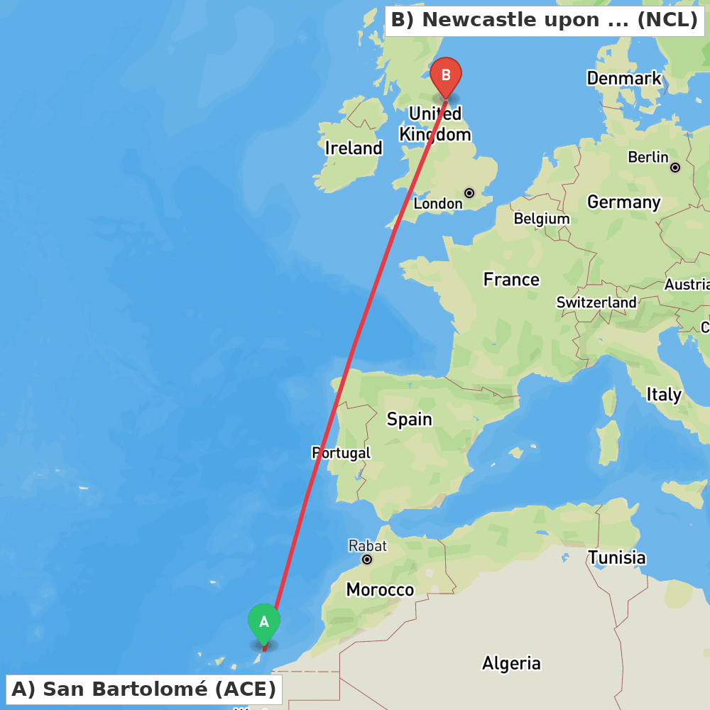 Flight route map from San Bartolomé to Newcastle upon Tyne, Tyne and Wear