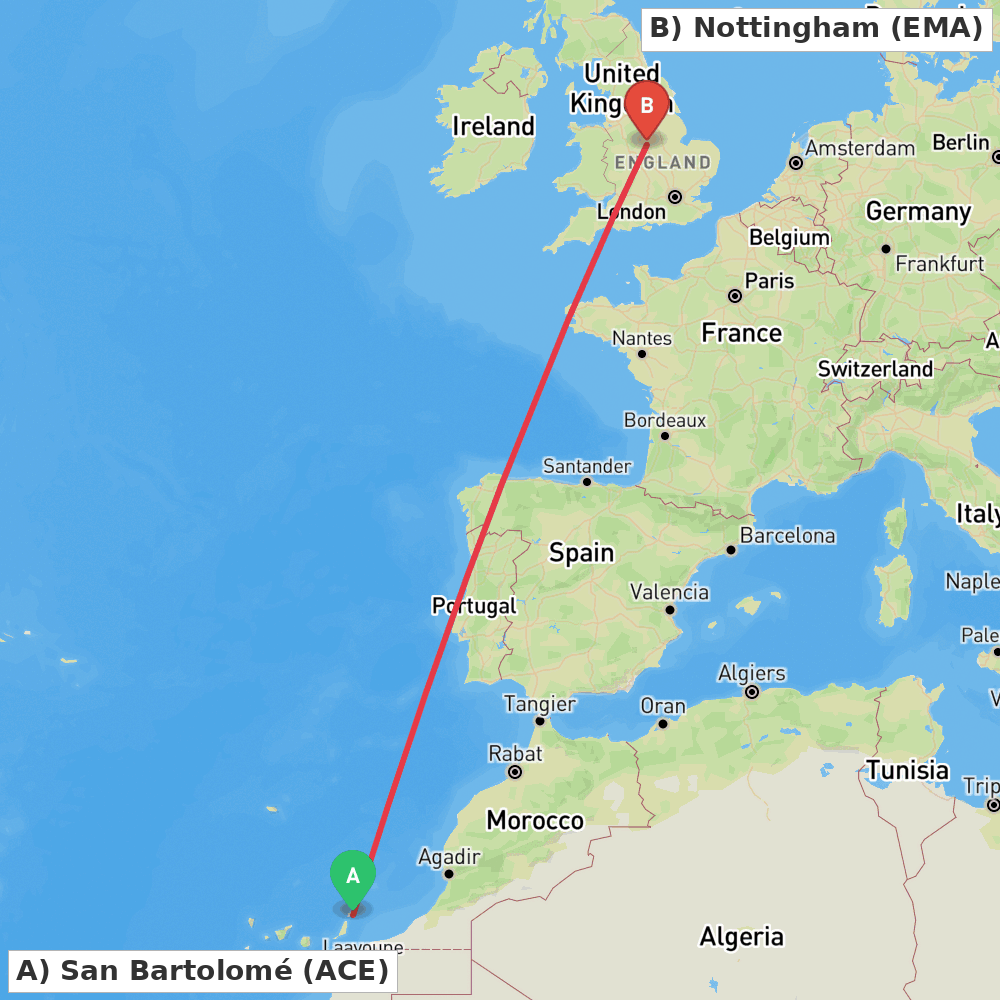 Flight route map from San Bartolomé to Nottingham