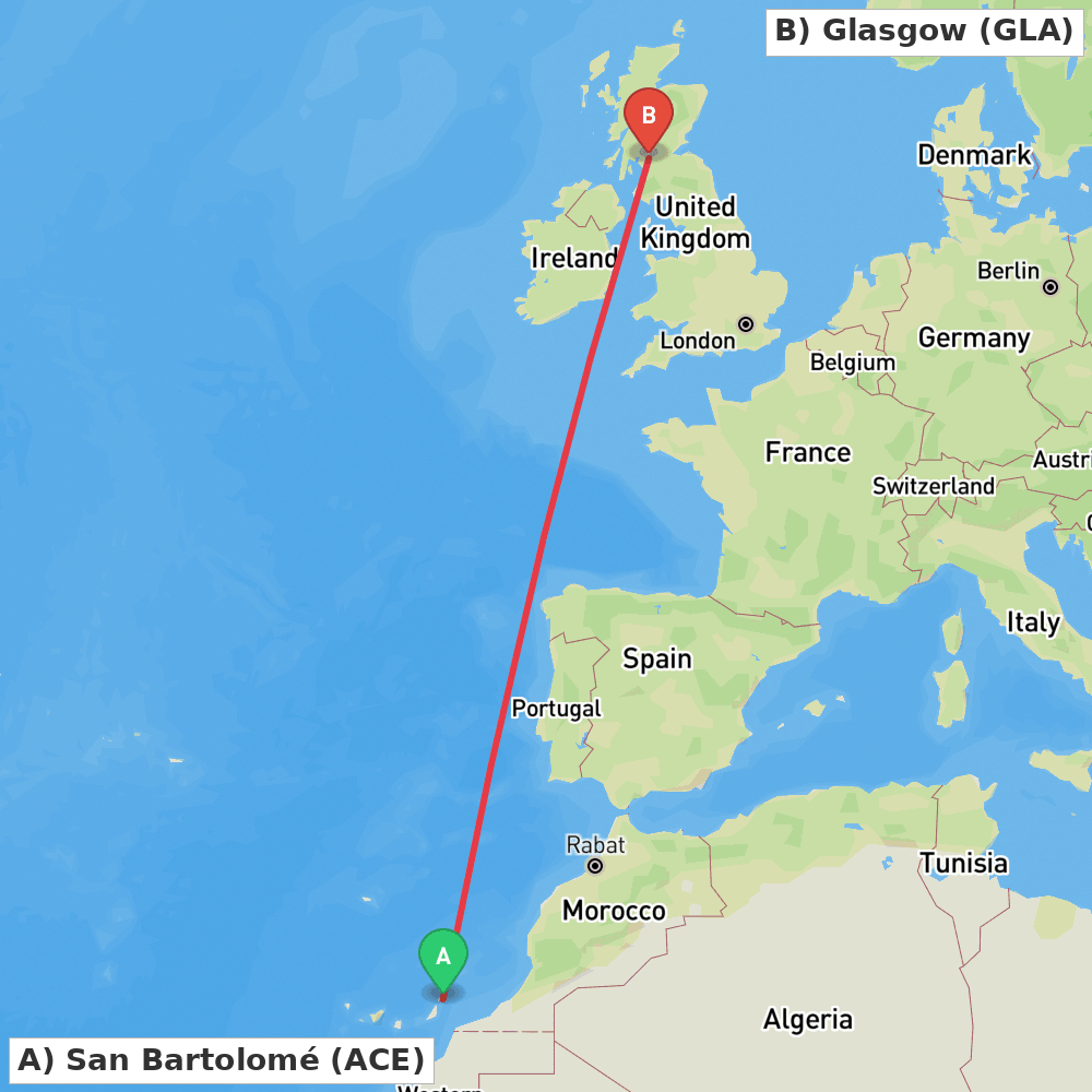 Flight route map from San Bartolomé to Glasgow
