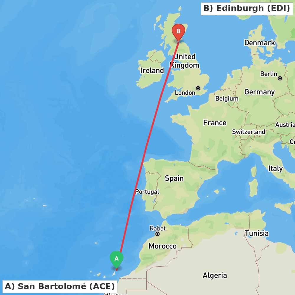 Flight route map from San Bartolomé to Edinburgh