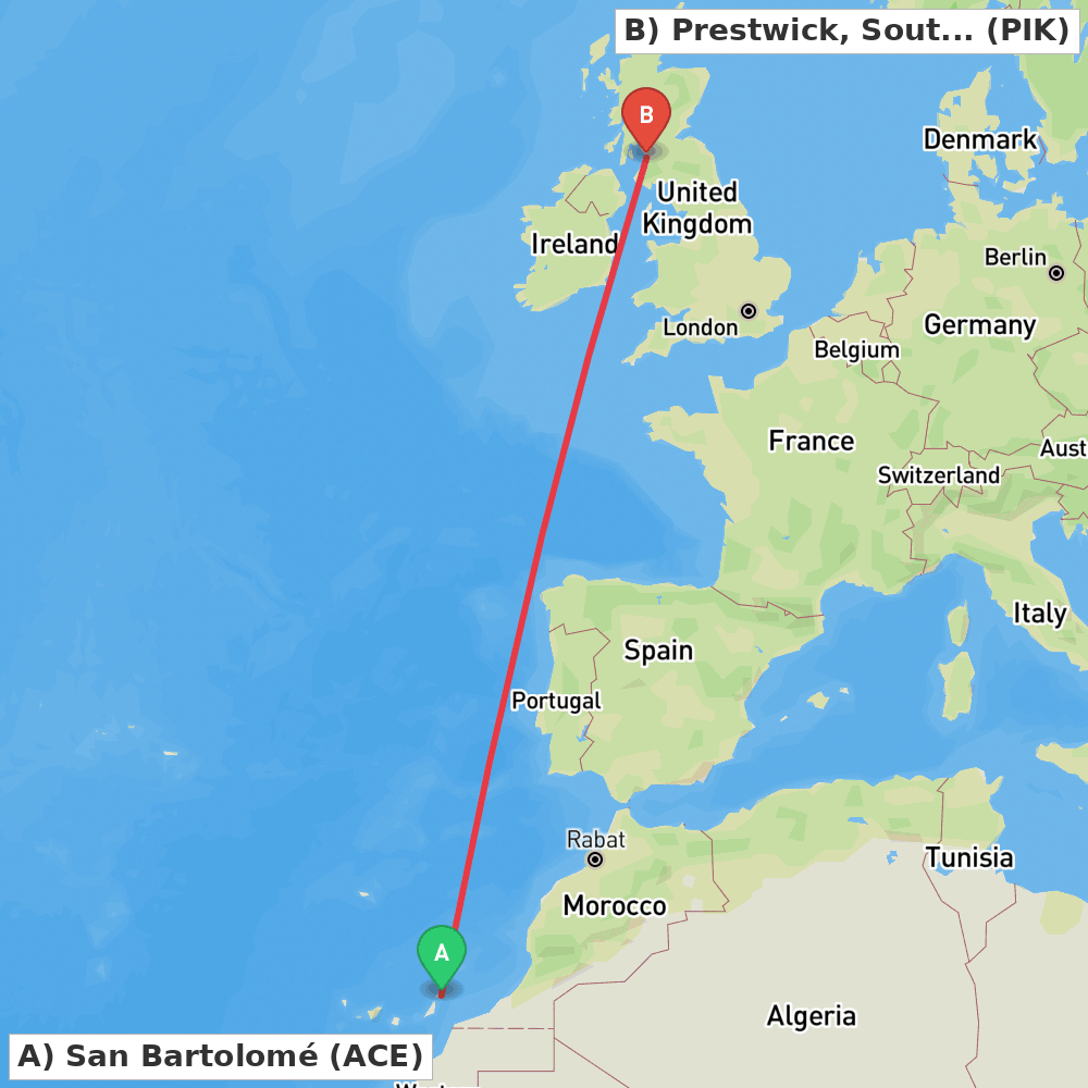 Flight route map from San Bartolomé to Prestwick, South Ayrshire