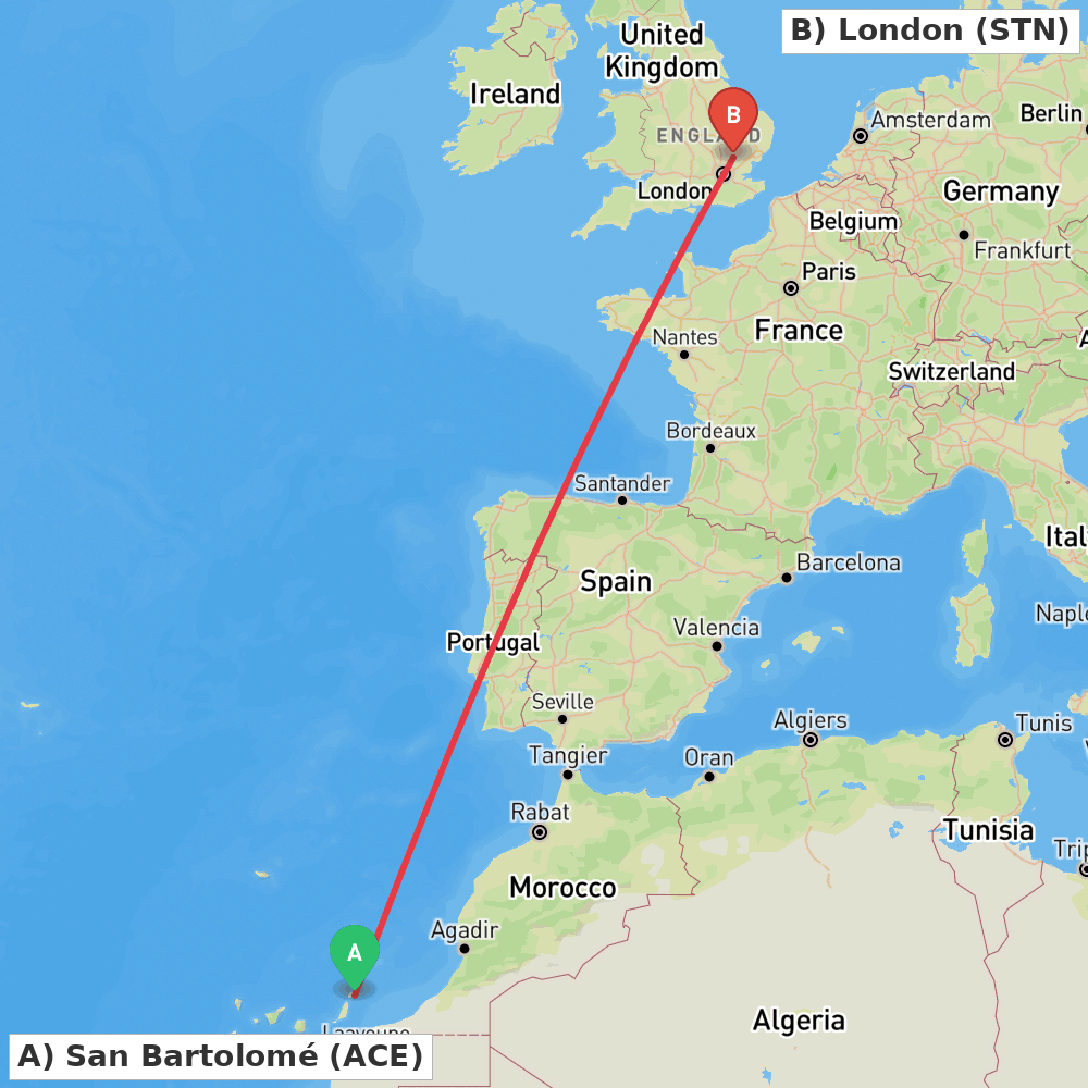 Flight route map from San Bartolomé to London