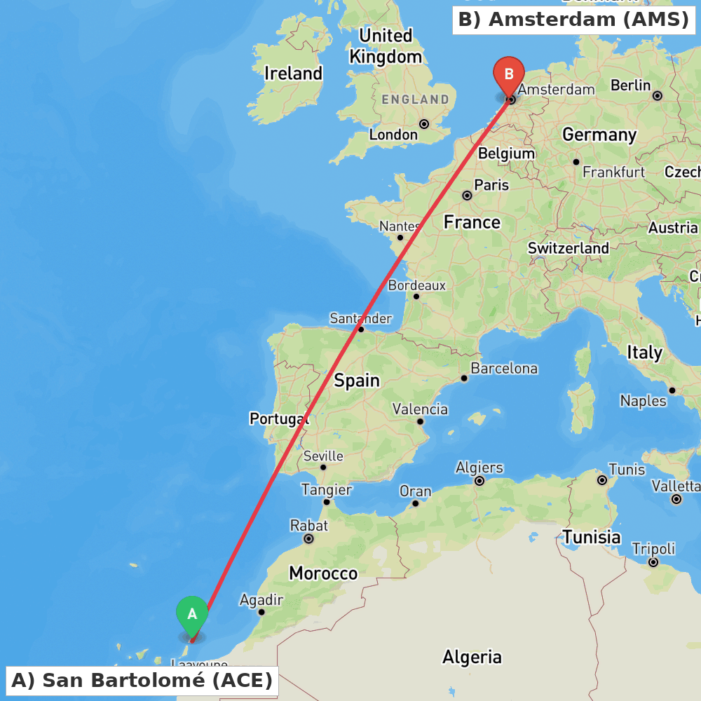 Flight route map from San Bartolomé to Amsterdam