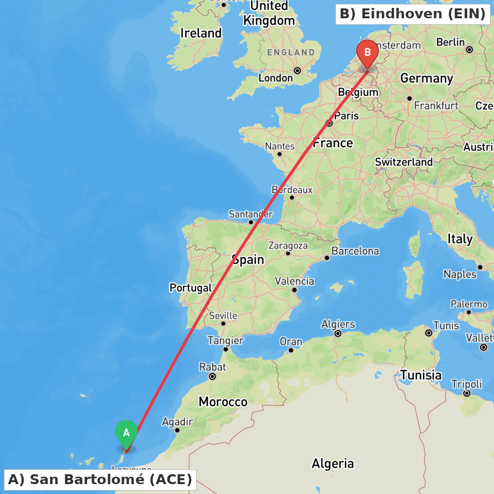 Flight route map from San Bartolomé to Eindhoven