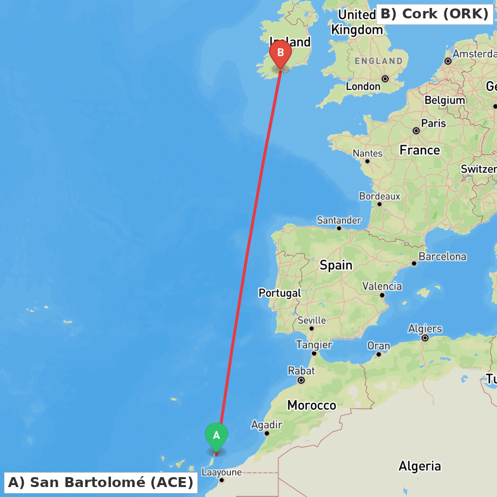 Flight route map from San Bartolomé to Cork