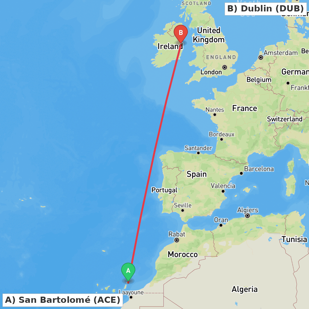 Flight route map from San Bartolomé to Dublin