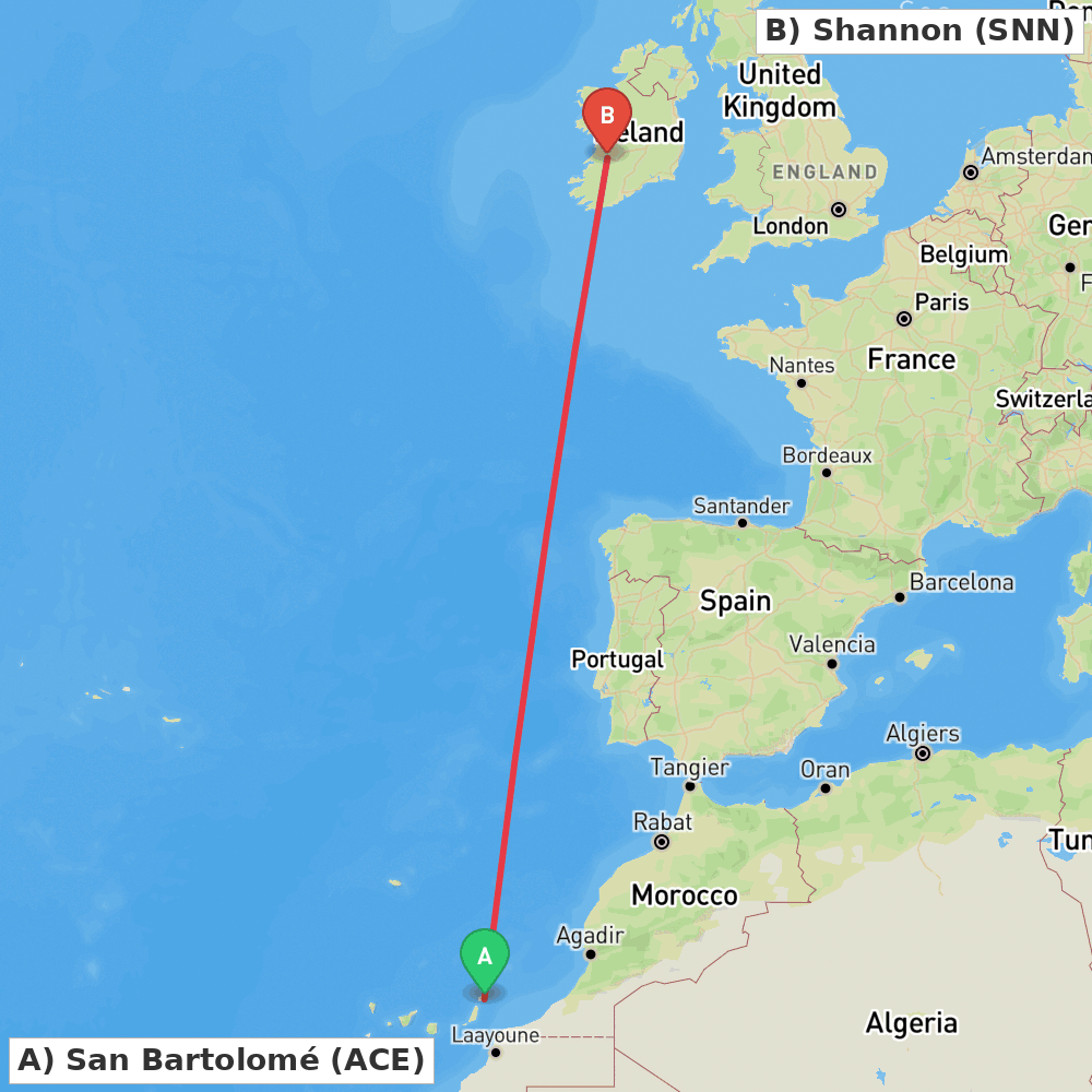 Flight route map from San Bartolomé to Shannon