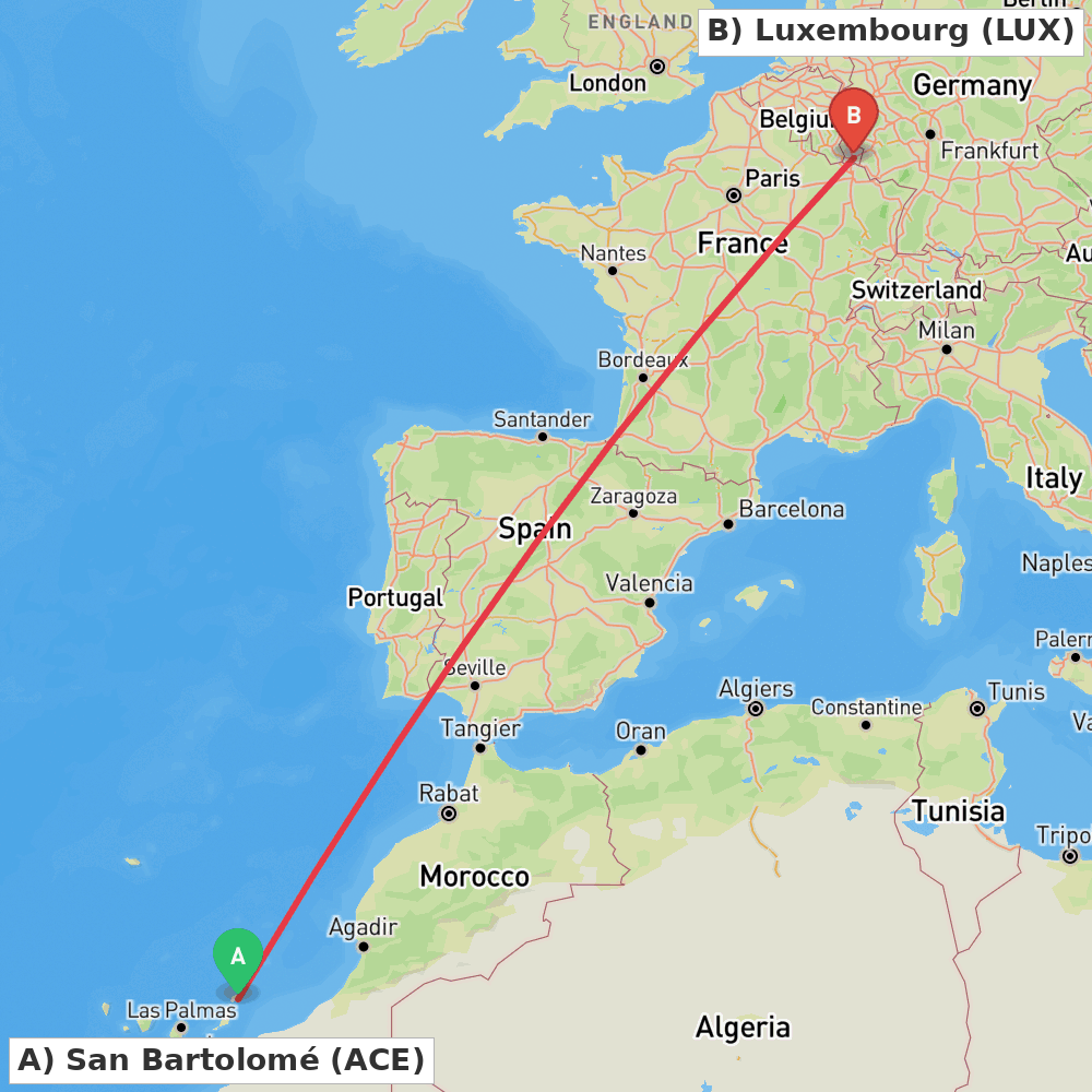 Flight route map from San Bartolomé to Luxembourg