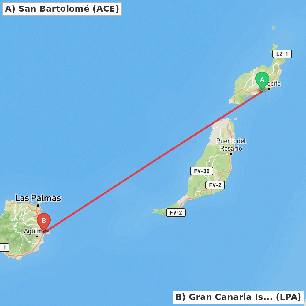 Flight route map from San Bartolomé to Gran Canaria Island