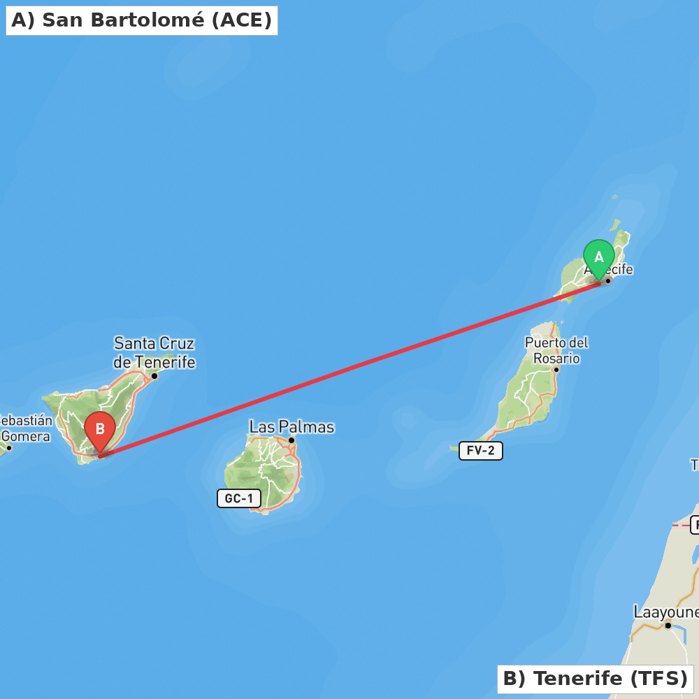 Flight route map from San Bartolomé to Tenerife