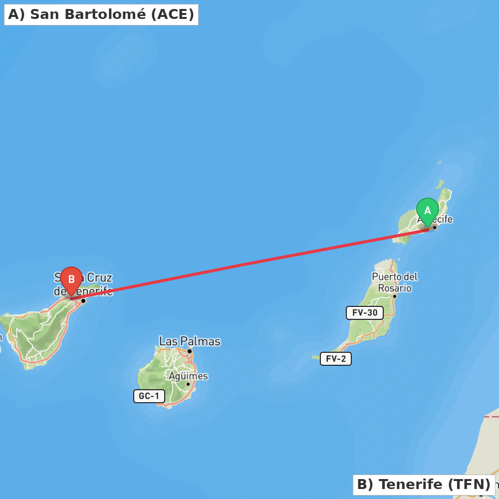 Flight route map from San Bartolomé to Tenerife