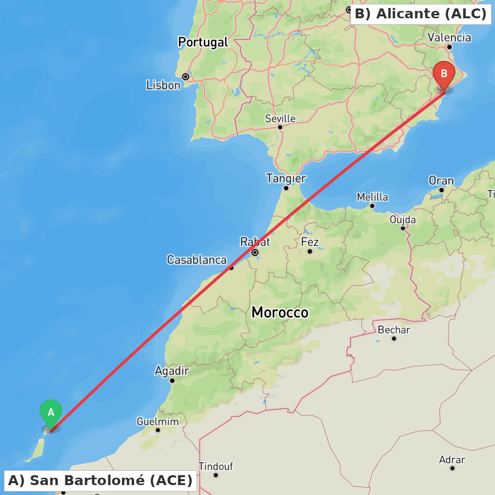 Flight route map from San Bartolomé to Alicante
