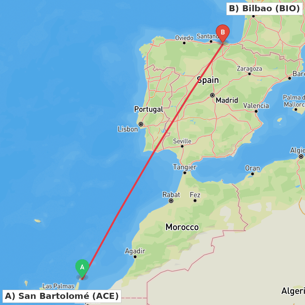 Flight route map from San Bartolomé to Bilbao