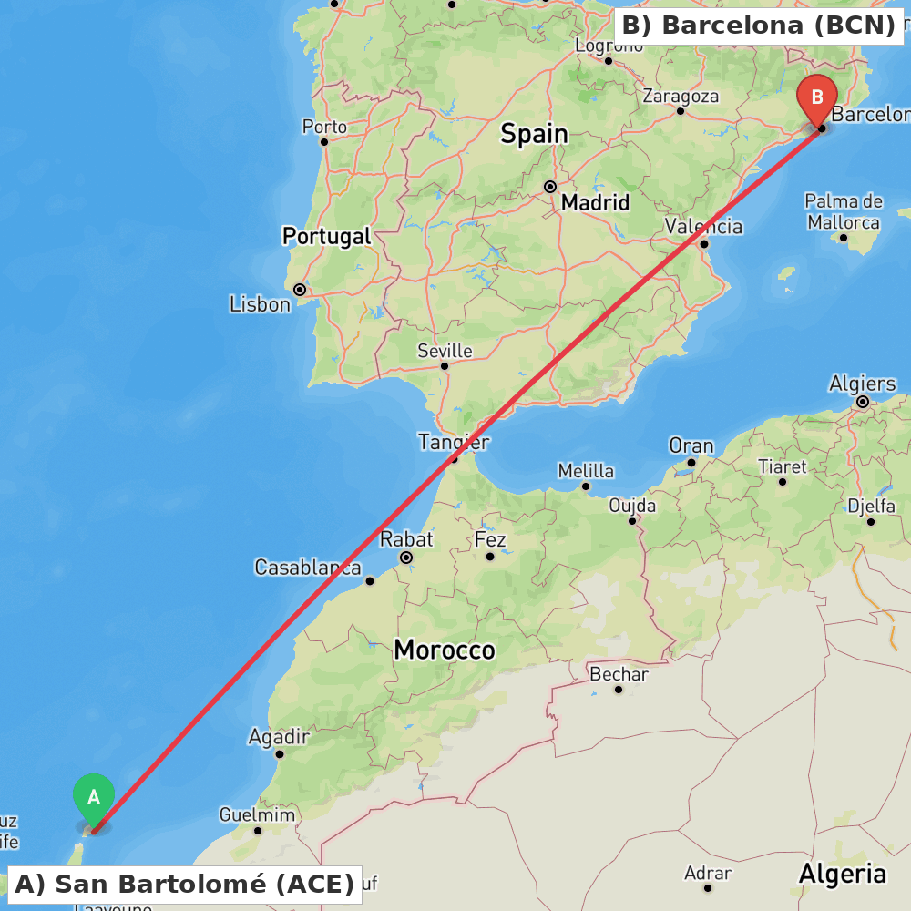 Flight route map from San Bartolomé to Barcelona