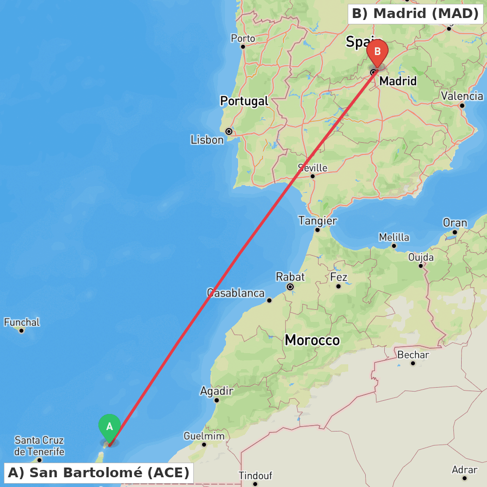 Flight route map from San Bartolomé to Madrid