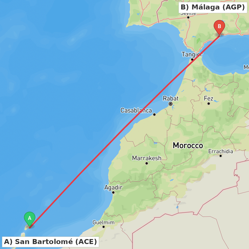 Flight route map from San Bartolomé to Málaga