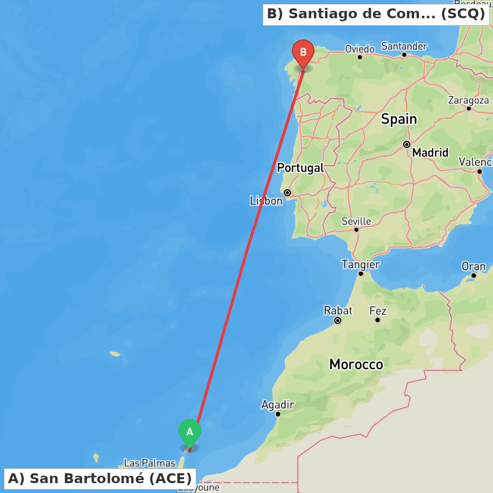 Flight route map from San Bartolomé to Santiago de Compostela