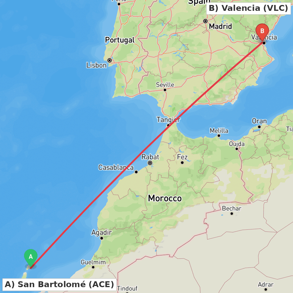 Flight route map from San Bartolomé to Valencia