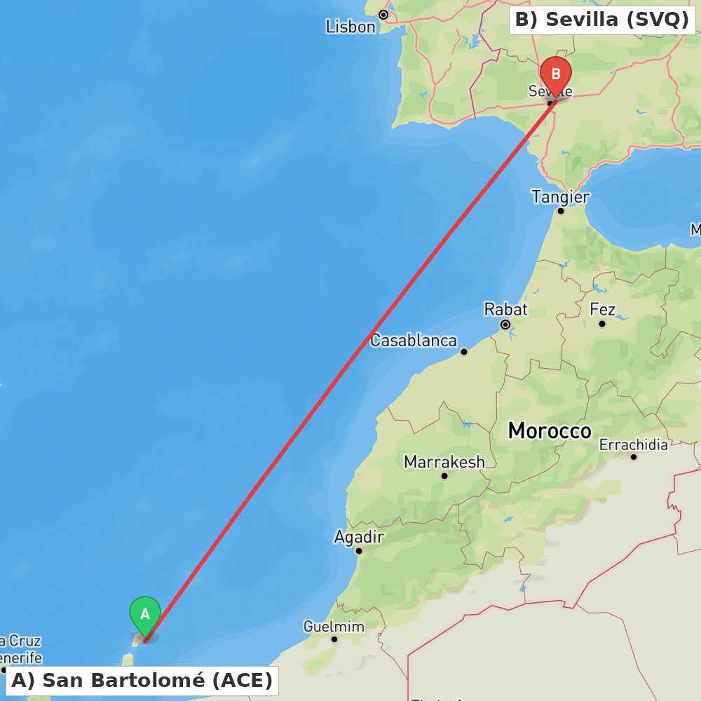 Flight route map from San Bartolomé to Sevilla
