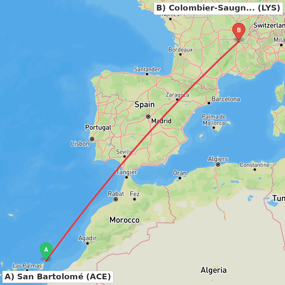 Flight route map from San Bartolomé to Colombier-Saugnieu, Rhône