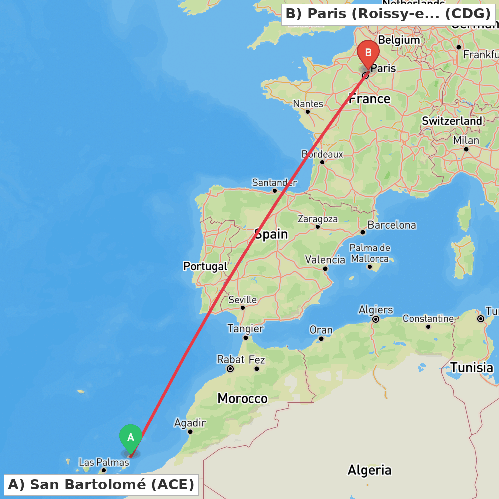 Flight route map from San Bartolomé to Paris (Roissy-en-France, Val-d'Oise)