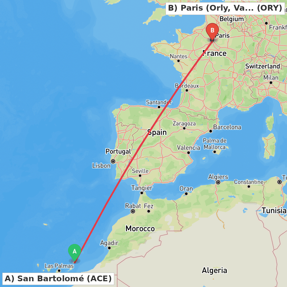 Flight route map from San Bartolomé to Paris (Orly, Val-de-Marne)