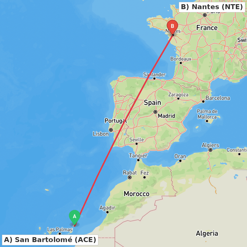 Flight route map from San Bartolomé to Nantes